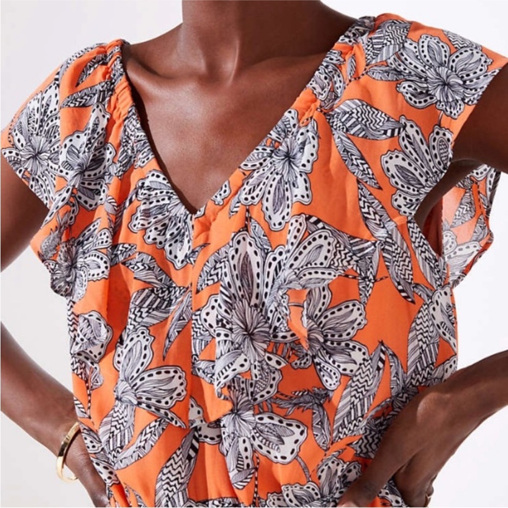 SALE! LOFT Dress XS Orange Black White Floral Mini Retro Ruffle Elastic Neckline - Picture 3 of 16